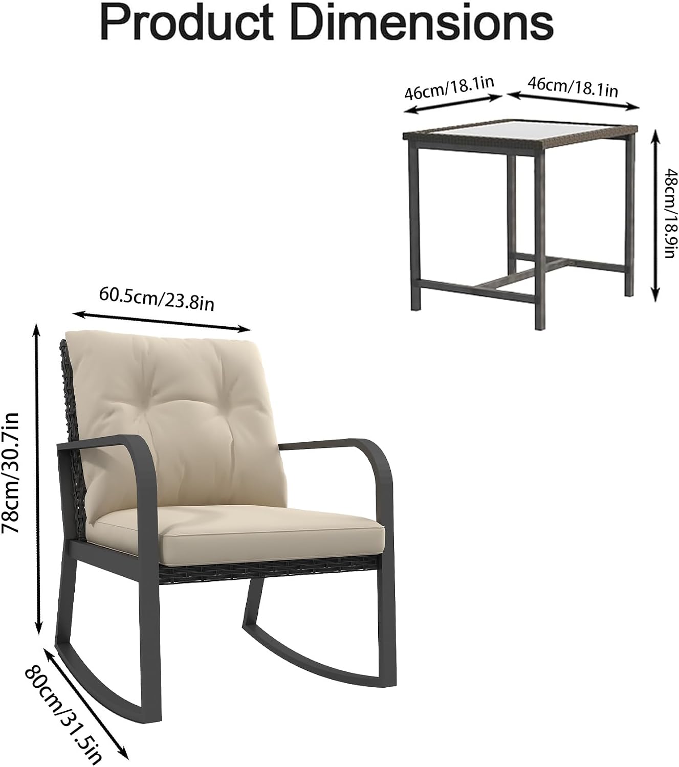 3 Pieces Patio Furniture Set, Rocking Chairs Wicker Outdoor Bistro Set Armchair Patio Furniture Conversation Sets with Tempered Glass Top Coffee Table & Cushions, Off White