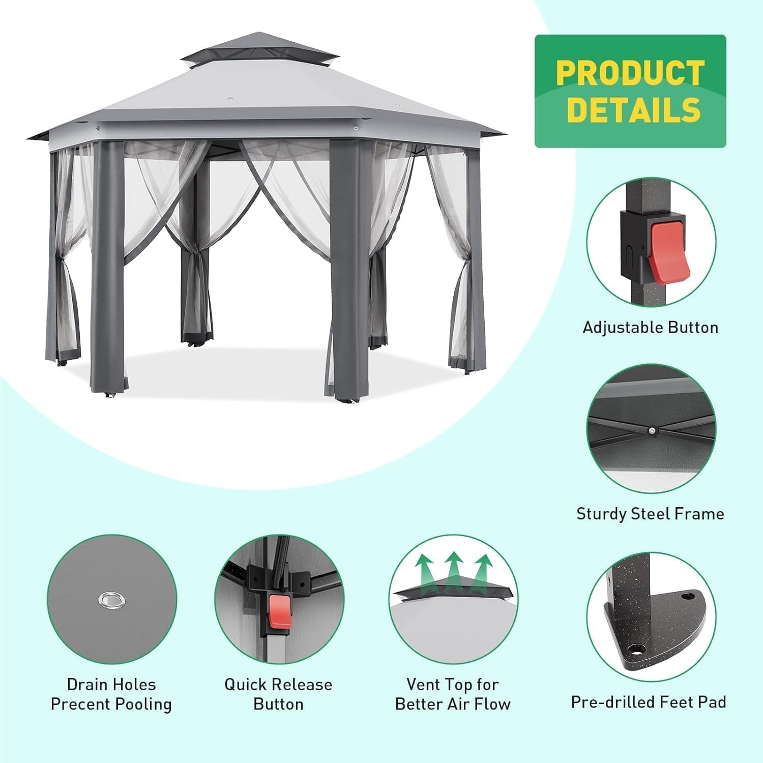 13x13ft Pop Up Gazebo, Outdoor Gazebo with 6 Pieces of Mesh Cloth, Zipper Door & Double Roof, Adjustable Tent Pavilion, UV-Resistant Outdoor Party Tent for Backyard, Garden (Light Gray + Dark Gray)