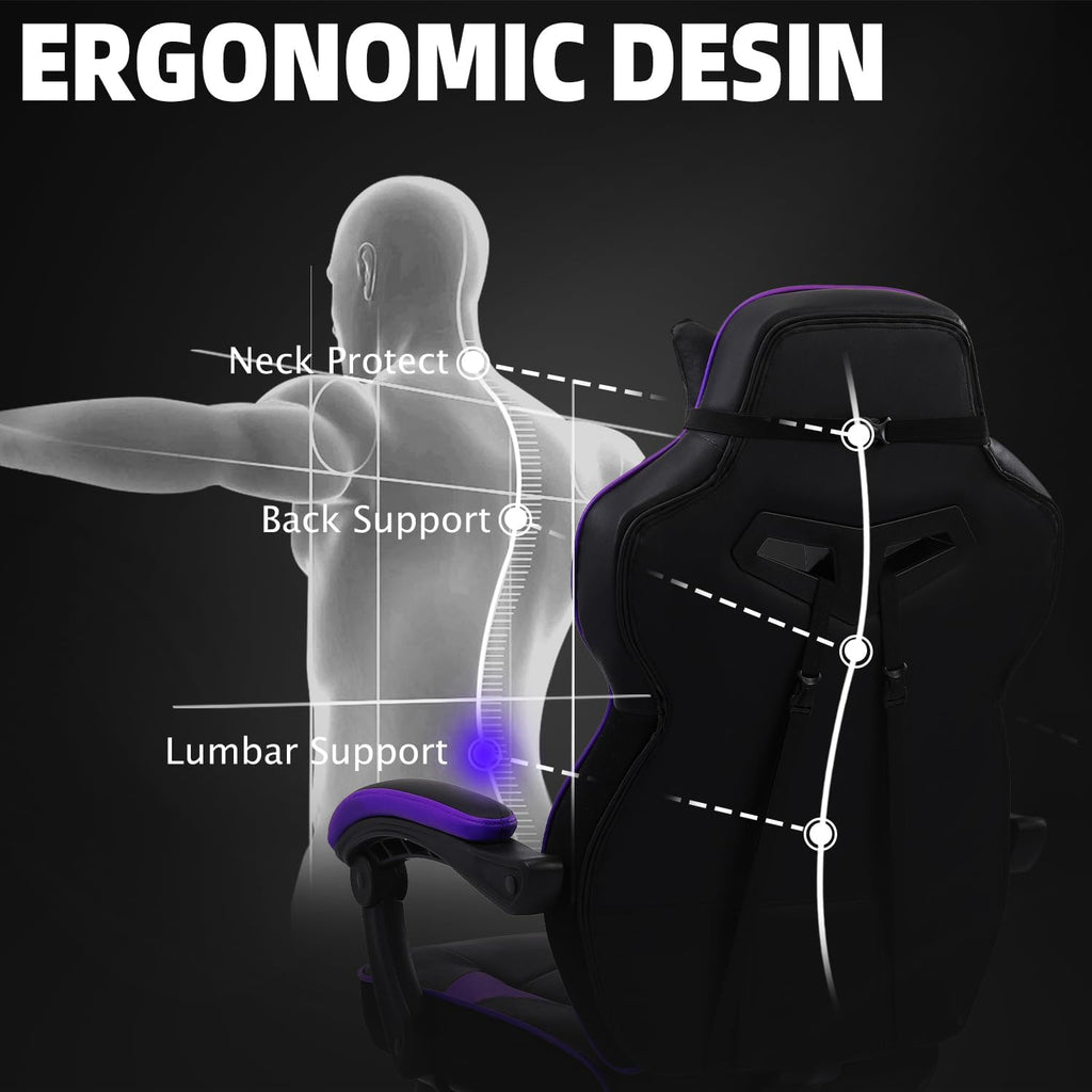 Vonesse Gaming Chair, High Back Gaming Chair with Footrest and Massage, Gaming Chairs for Adults with Pocket Spring Cushion, Big and Tall Reclining Computer Chair with Lumbar Support (Purple/Black)