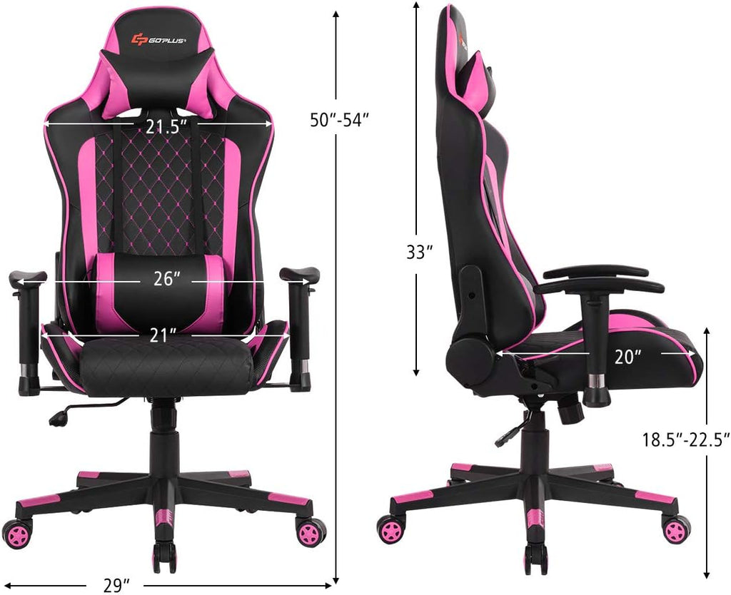 Goplus Massage Gaming Chair, Reclining Backrest Handrails and Seat Height Adjustment Racing Computer Office Chair, Ergonomic High Back Embroidered PU Swivel Game Chair with Headrest and Lumbar Cushion