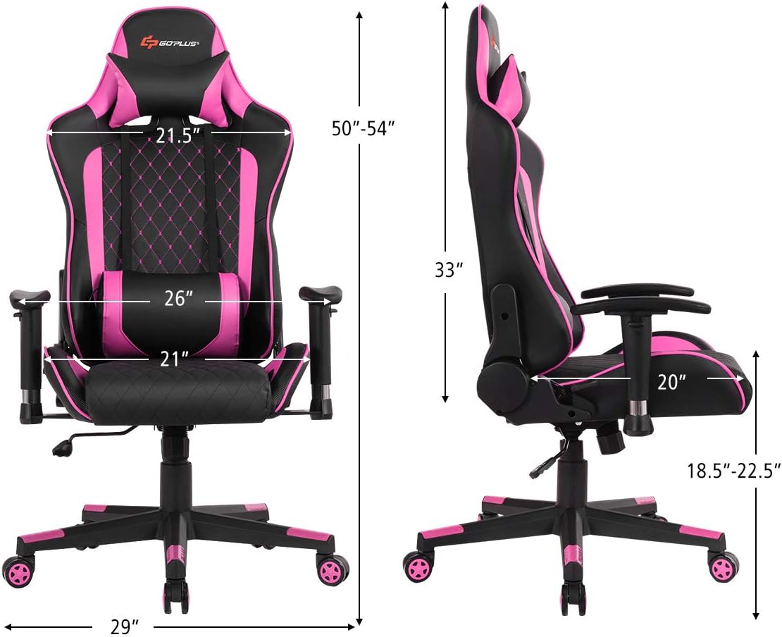 Goplus Massage Gaming Chair, Reclining Backrest Handrails and Seat Height Adjustment Racing Computer Office Chair, Ergonomic High Back Embroidered PU Swivel Game Chair with Headrest and Lumbar Cushion