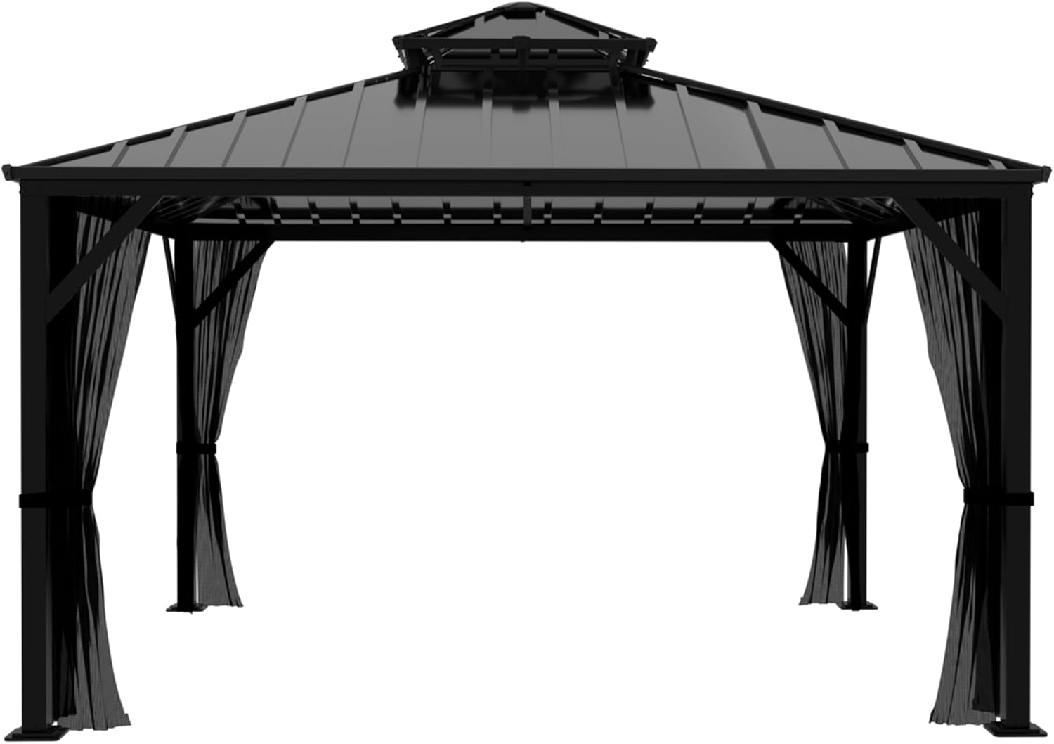 Yardenaler 10x10 FT Hardtop Gazebo Canopy with Double Galvanized Steel Roof, Permanent Outdoor Pavilion with Mesh Netting for Patio. Garden, Backyard, Black
