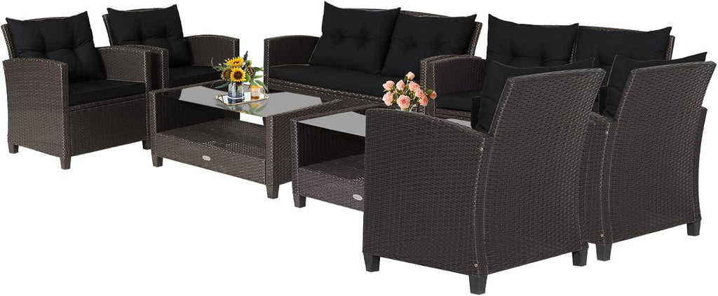 Tangkula 8-Piece Patio Furniture Set, Rattan Wicker Chair Set with 2 Loveseat, 4 Single Sofas, 2 Coffee Table with Tempered Glass Top, Outdoor Furniture Sets for Backyard, Porch, Garden and Poolside
