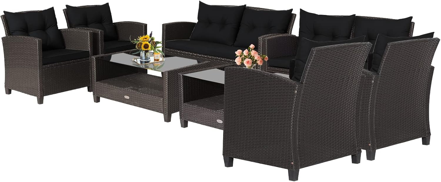 Tangkula 8-Piece Patio Furniture Set, Rattan Wicker Chair Set with 2 Loveseat, 4 Single Sofas, 2 Coffee Table with Tempered Glass Top, Outdoor Furniture Sets for Backyard, Porch, Garden and Poolside