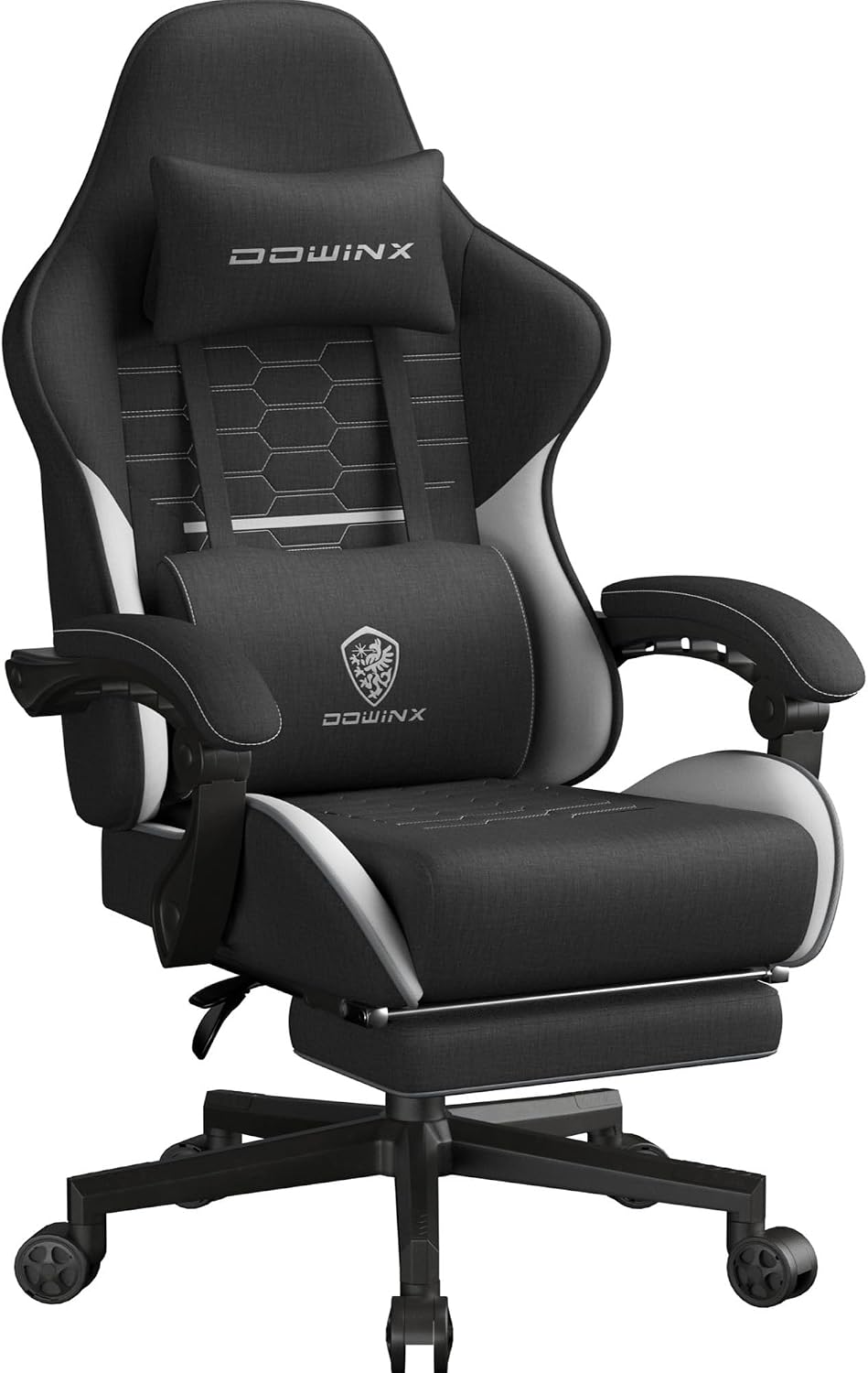 Dowinx Big and Tall Gaming Chair Fabric with Footrest Pocket Spring Cushion for Home Office, High Back Recliner Height Adjustable Ergonomic Comfy Cloth Computer Desk Chair, Black White