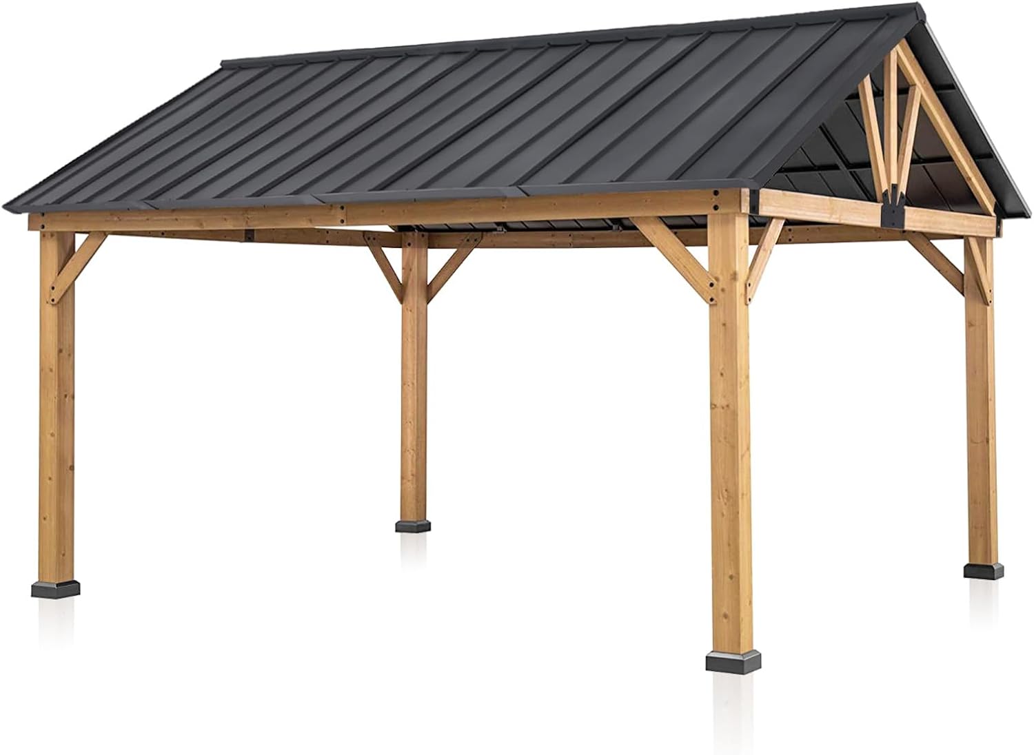 11x13 Hardtop Gazebo, Galvanized Steel Gable Roof Outdoor Pavilion with Cedar Wood Frame, Patio Gazebo for Deck, Garden, Lawn, Natural Wood/Black