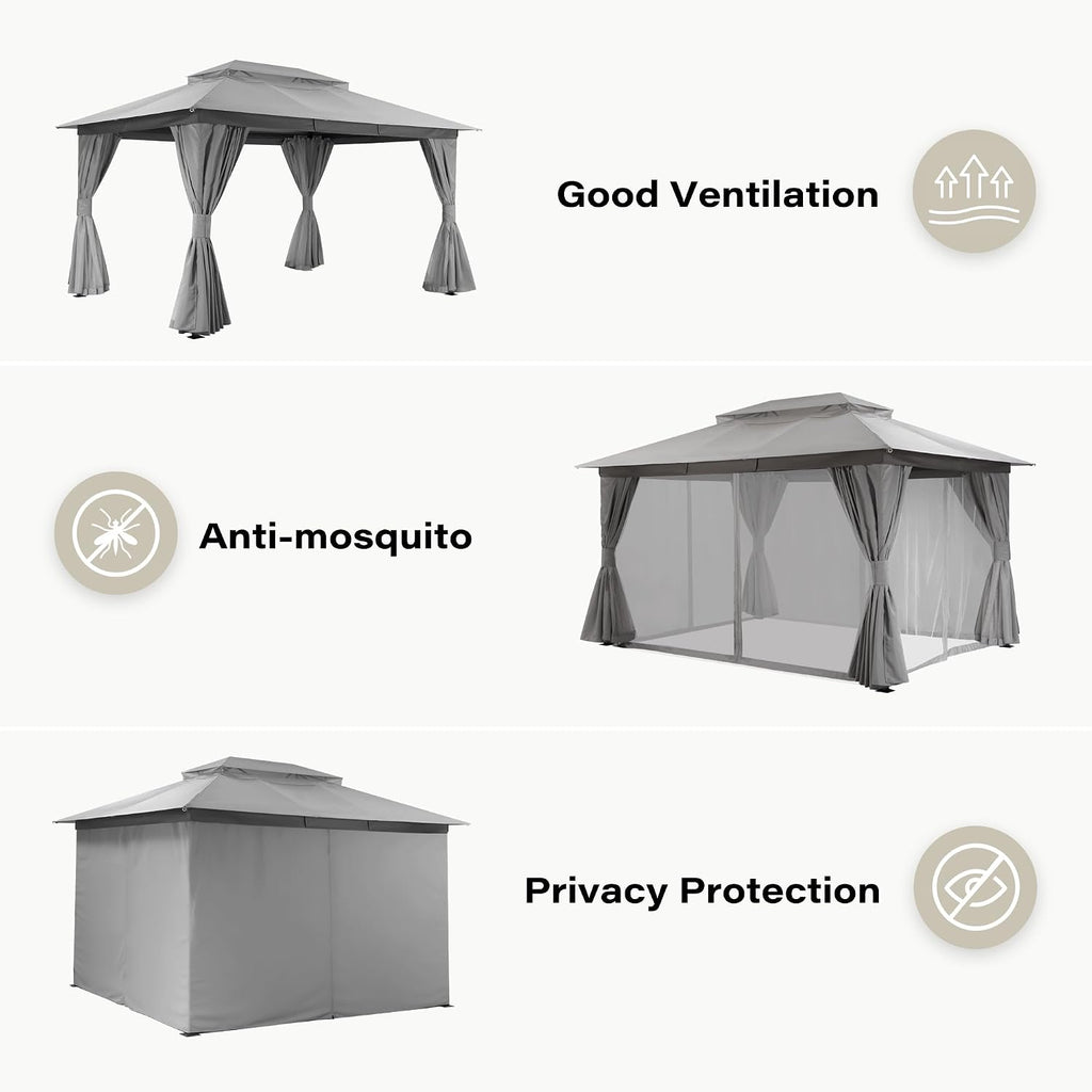 LAUSAINT HOME Gazebo 10x13ft, Heavy Duty Patio Gazebo with Expansion Bolts, Party Canopy Tent with Double Roofs, Mosquito Nettings and Privacy Screens for Backyard, Garden, Lawn, Grey