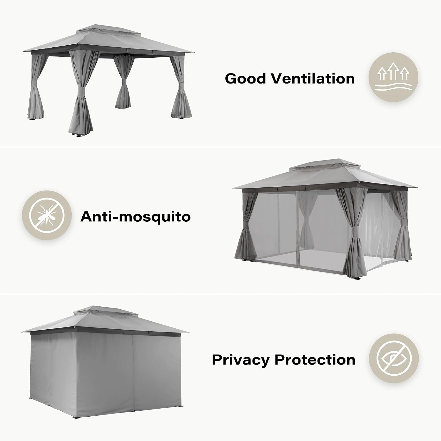 LAUSAINT HOME Gazebo 10x13ft, Heavy Duty Patio Gazebo with Expansion Bolts, Party Canopy Tent with Double Roofs, Mosquito Nettings and Privacy Screens for Backyard, Garden, Lawn, Grey
