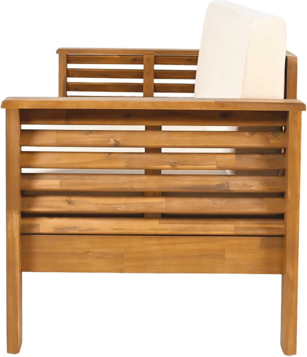Christopher Knight Home Havets 3 Pieces Outdoor Acacia Furniture Set, Slat Panel Couch, Spacious Seating Armchair, 6' Thick Cushions Sofa and Coffee Table Set for Backyard Garden Balcony, Teak+Beige