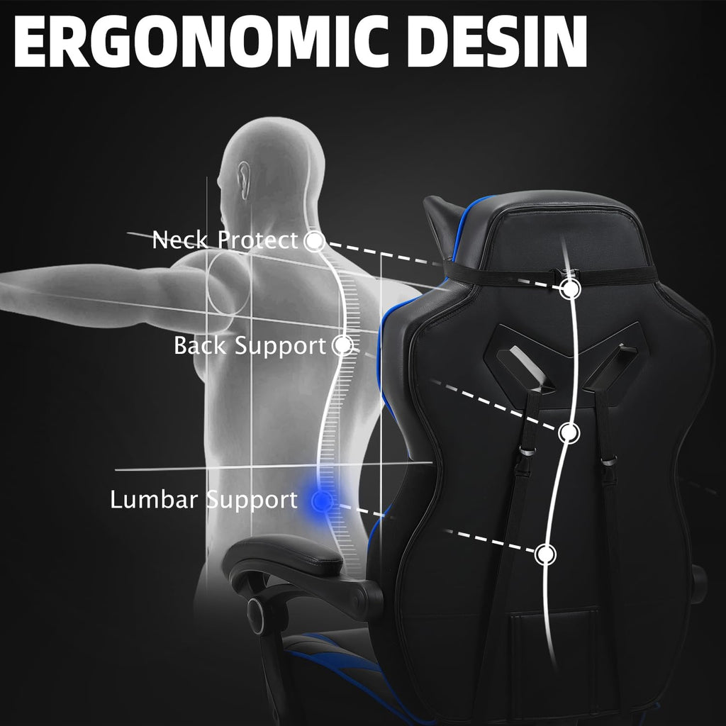 Vonesse Gaming Chair, Big and Tall Gaming Chair with Footrest and Massage, Gaming Chairs for Adults with Lumbar Support, Ergonomic High Back Computer Chair with Pocket Spring Cushion (Black/Blue)