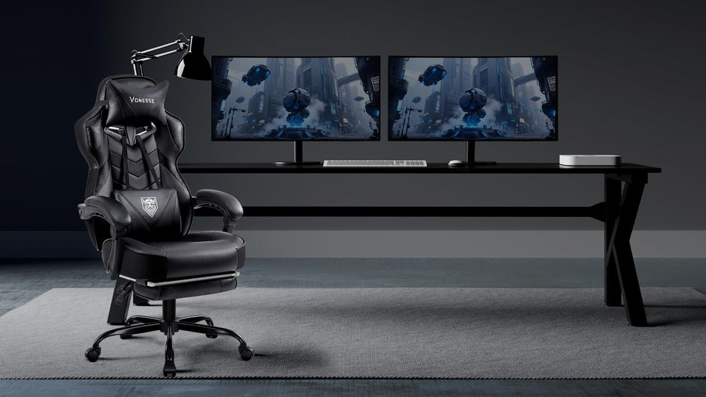 Vonesse Gaming Chair, High Back Office Chair with Footrest and Massage, Gaming Chairs for Adults with Pocket Spring Cushion, Big and Tall Reclining Computer Chair with Lumbar Support (Classic Black)