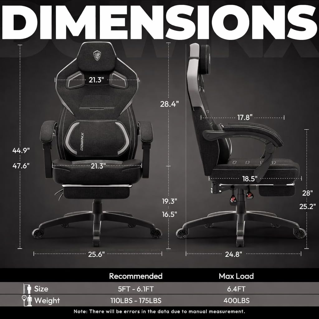 Dowinx Fabric Gaming Chair with Footrest, Big and Tall Ergonomic Gamer Chair with Lumbar Support, Wide Back Computer Chair for Heavy People, Black