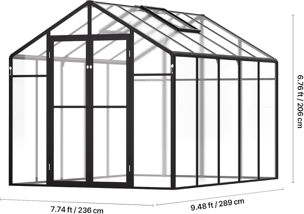 Happybuy Polycarbonate Greenhouse, 8 x 10 Ft, with 2 Vent Windows, Pavilion Styled Green House with Hinged Door, Aluminum Large Walk-in Green House Kit for Outside Garden Backyard