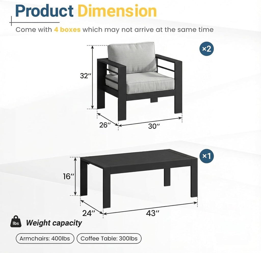 Solaste Aluminum Patio Furniture Set for All Weather, Oversized Metal Outdoor Furniture Set with 27.5' Deep Seating and 3.2' Wide Armrest, Outdoor Patio Sofa with 10' Back Suport Cushion