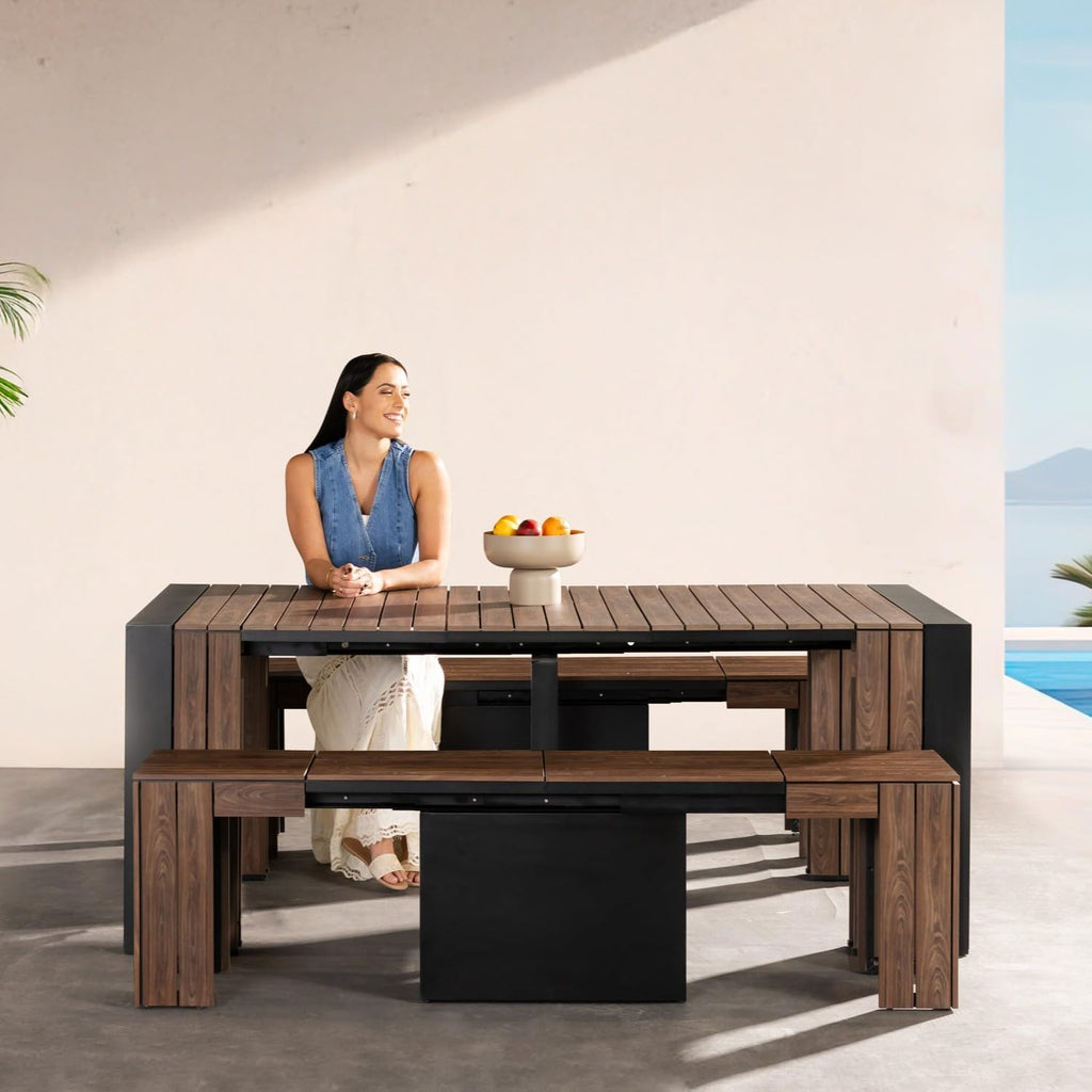 Transformer Table - Extendable Outdoor Dining Set up to 12, Expandable Patio Table, Weather-Resistant Patio Furniture, Outdoor Furniture, Dark Walnut, Brown (Table + 2 Benches)