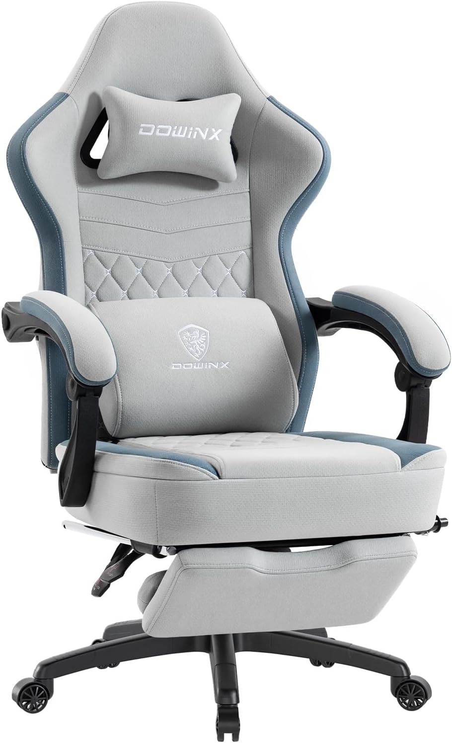 Dowinx Gaming Chair Breathable Fabric Game Chair with Gel Pad and Storage Bag, Comfortable Gamer Chair with Pocket Spring Cushion, Ergonomic Computer Chair with Footrest, Grey and Blue