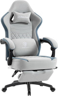 Dowinx Gaming Chair Breathable Fabric Game Chair with Gel Pad and Storage Bag, Comfortable Gamer Chair with Pocket Spring Cushion, Ergonomic Computer Chair with Footrest, Grey and Blue