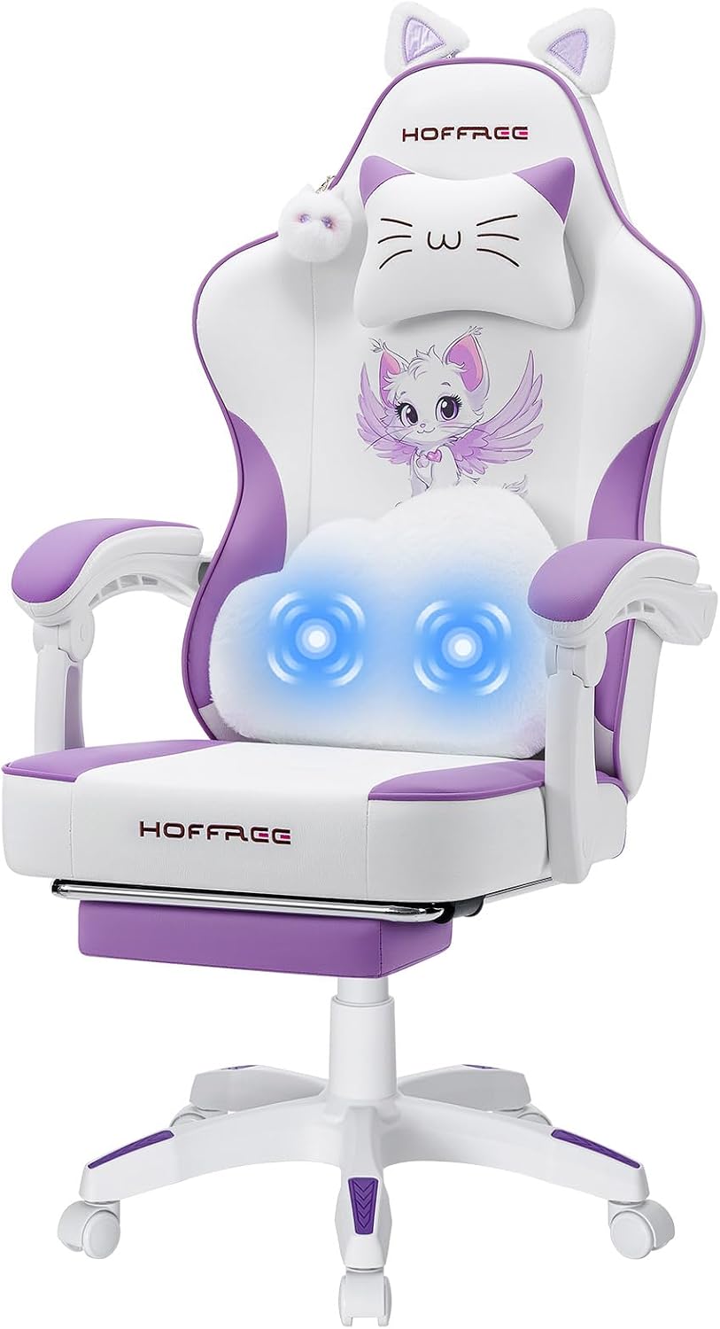 HOFFREE Gaming Chair for Girls with Cat Ears Massage Lumbar Computer Chair Game Chairs for Adults