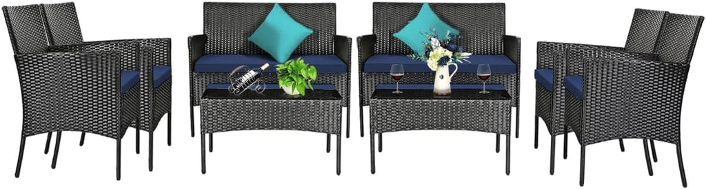 Tangkula 8 Piece Patio Furniture Set, Outdoor Wicker Conversation Set with Tempered Glass Coffee Table, Rattan Loveseat & Chairs Set with Seat Cushions for Backyard, Garden, Poolside (2, Navy)