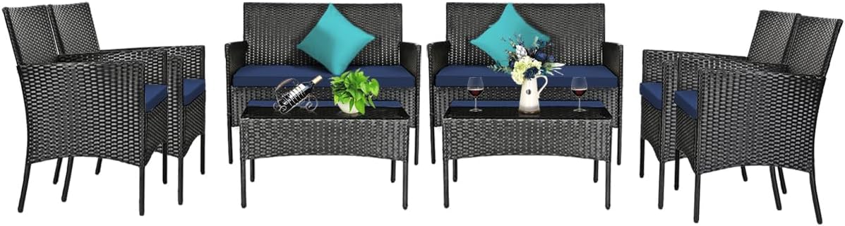 Tangkula 8 Piece Patio Furniture Set, Outdoor Wicker Conversation Set with Tempered Glass Coffee Table, Rattan Loveseat & Chairs Set with Seat Cushions for Backyard, Garden, Poolside (2, Navy)