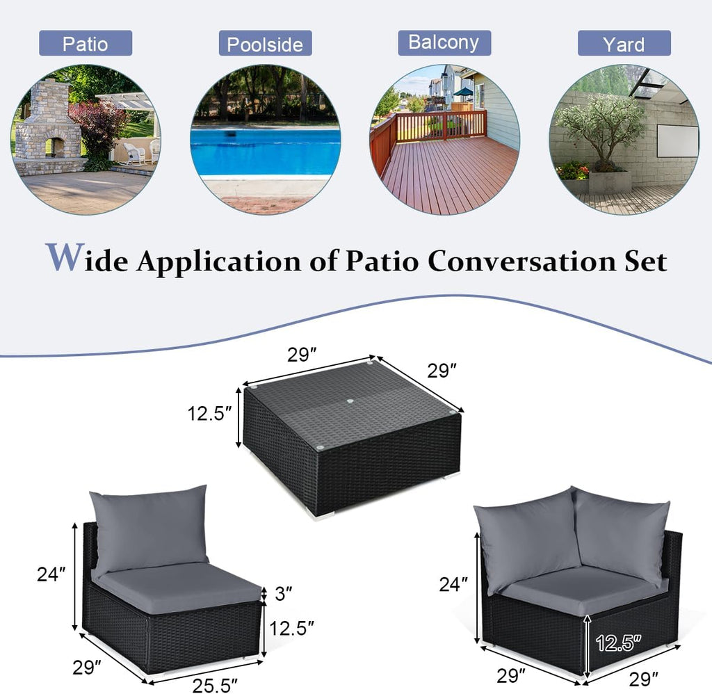 Tangkula 7-Piece Patio Furniture Set, Outdoor Sectional Sofa with Pillows and Cushions, Wicker Conversation Set with Coffee Table and Tea Table for Garden, Lawn (Grey)