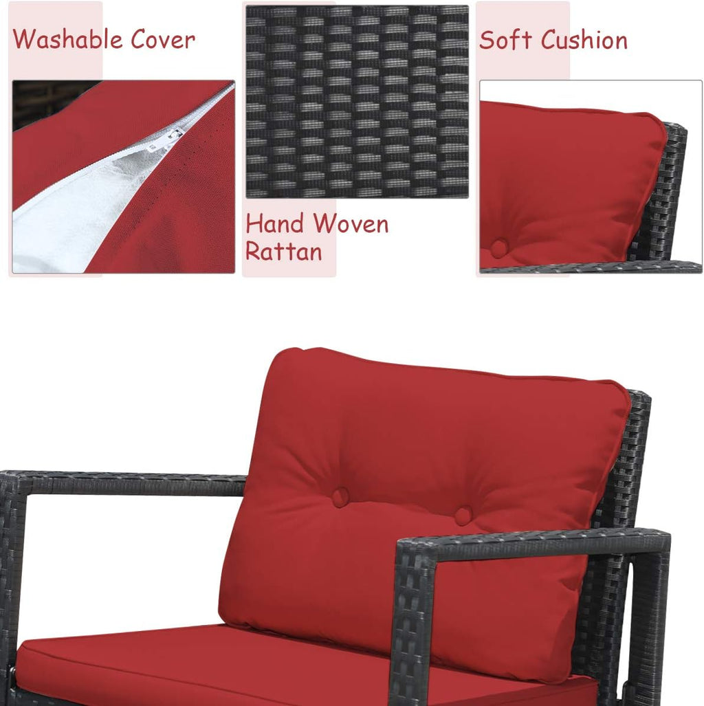 COSTWAY 3 Pieces Patio Rattan Rocking Chair Set, Outdoor Conversation Furniture Sets with Coffee Table, Storage Shelf and Cushions, Modern Bistro Set for Porch, Backyard, Garden, Red