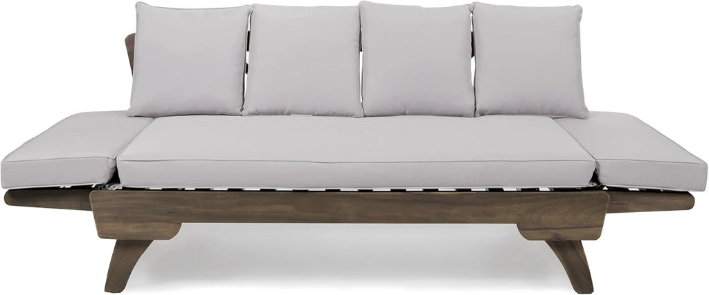 Merax Outdoor Patio Daybed Sofa,3-Seat Sofa with Foldable Arm 4 Back Pillows,Teak Acacia Wood Frame Beige Removable Cushion,Grey