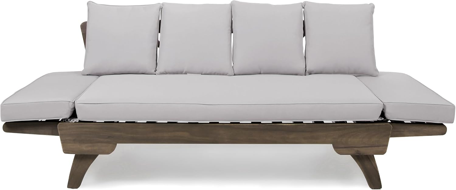 Merax Outdoor Patio Daybed Sofa,3-Seat Sofa with Foldable Arm 4 Back Pillows,Teak Acacia Wood Frame Beige Removable Cushion,Grey