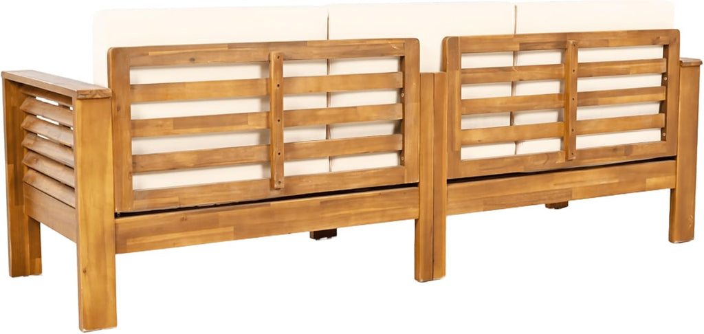 Merax 3 Piece Acacia Wood Patio Furniture Set, Outdoor Sectional Sofa Set with Coffee Table, 4 Seats Sofa Deep Seating with Soft Cushions for Garden, Backyard, Teak & Cream