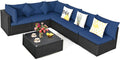 COSTWAY 7 Pieces Patio Furniture Set, Outdoor Rattan Conversation Set with 6 Seats, Coffee Tea Table, Soft Cushions, Wicker Patio Sectional Sofa for Garden Balcony Porch Poolside, Navy