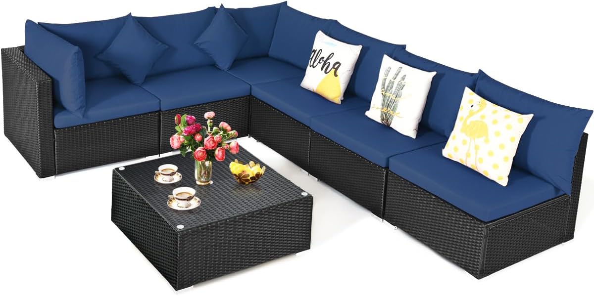 COSTWAY 7 Pieces Patio Furniture Set, Outdoor Rattan Conversation Set with 6 Seats, Coffee Tea Table, Soft Cushions, Wicker Patio Sectional Sofa for Garden Balcony Porch Poolside, Navy
