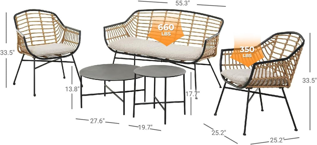 Grand patio Patio Furniture Set, Outdoor Wicker Patio Conversation Seating Chair with Cushions and Coffee Table, Boho Seating Chat Set for Indoor Outdoor, Balcony, Porch, Garden, Deck