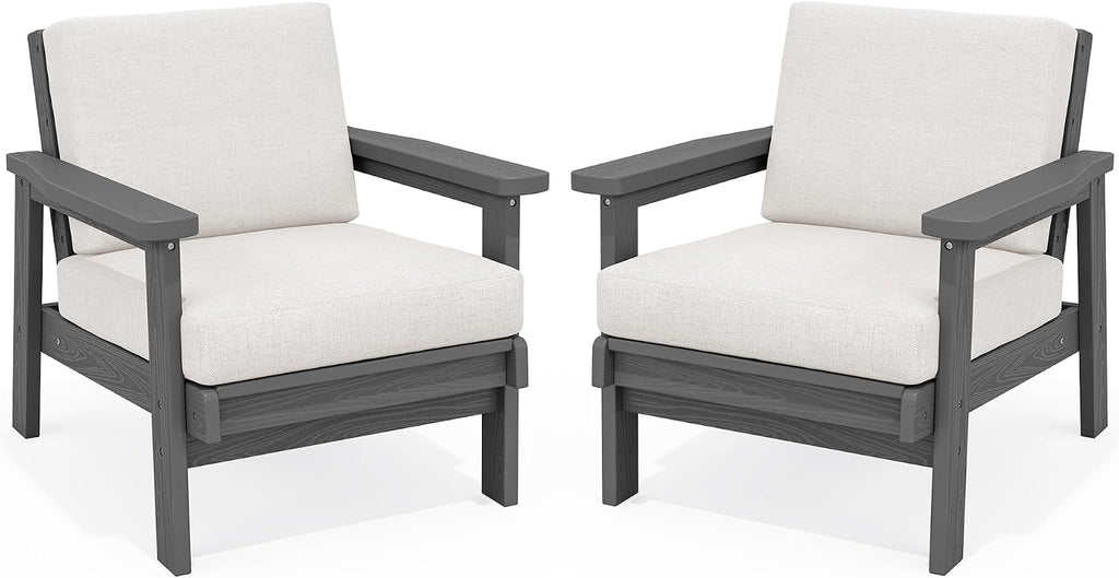 SERWALL HDPE Outdoor Couch Set of 2, All-Weather Wood-Like Patio Furniture Set, Outdoor Sofa Chairs with Khaki Cushions