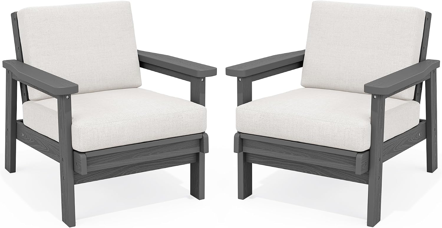 SERWALL HDPE Outdoor Couch Set of 2, All-Weather Wood-Like Patio Furniture Set, Outdoor Sofa Chairs with Khaki Cushions