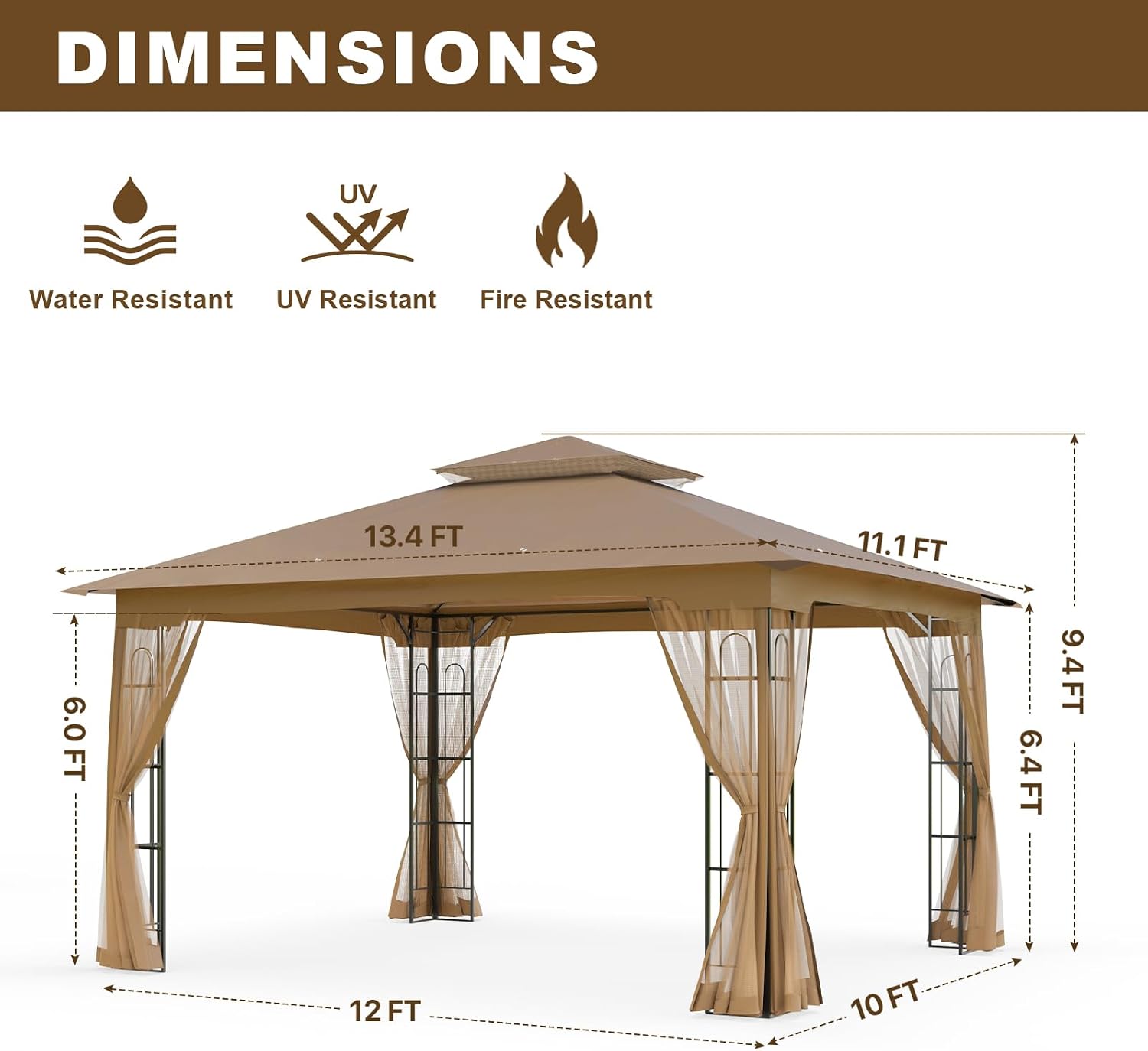 Outdoor Gazebo with Mosquito Netting 13x11 at Top and 12x10 at Base, Double Tier Roof Patio Gazebo Pavilion for Backyards, Patio, Garden and Lawn, Brown