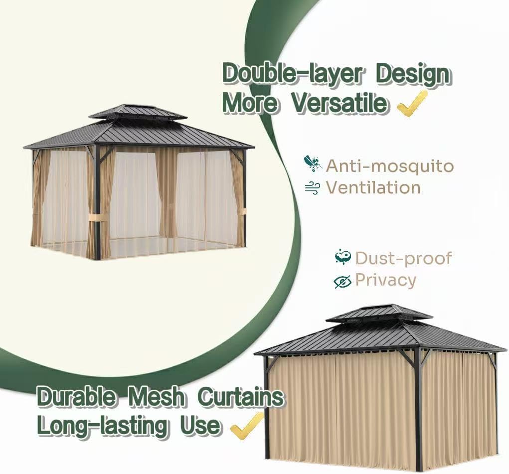 10x12ft Hardtop Gazebo, Metal Pavilion with Mesh Mosquito Netting & Curtains, All-Weather Outdoor Pergola for Garden, Patio, and Backyard（A Set of 2 Boxes）