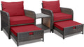 LEVELEVE Balcony Furniture 5 Piece Patio Conversation Set, PE Wicker Rattan Outdoor Lounge Chairs with Soft Cushions 2 Ottoman&Glass Table for Porch, Lawn-Brown Wicker（Wine Red