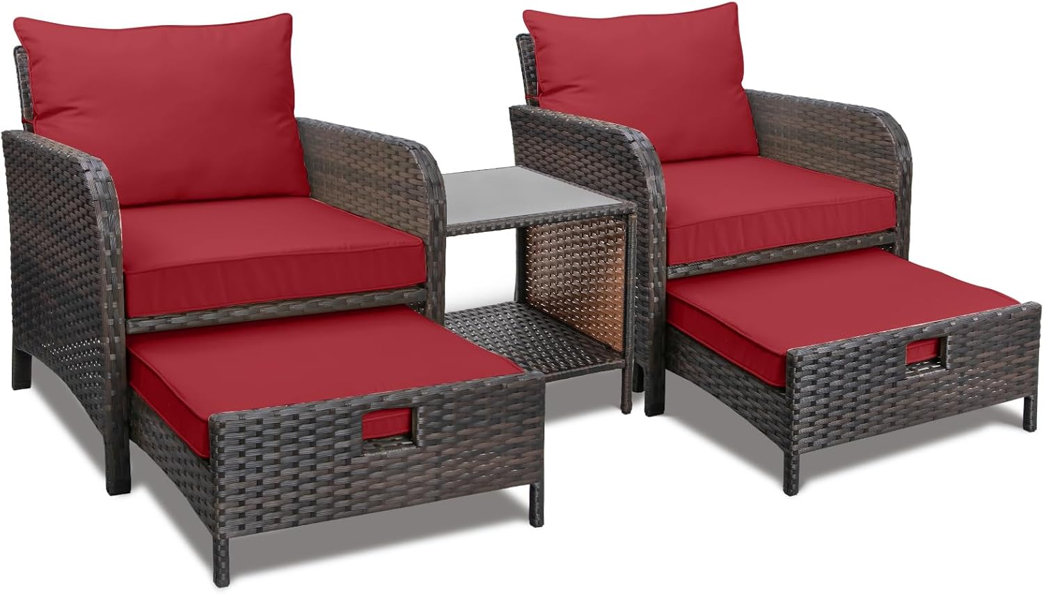 LEVELEVE Balcony Furniture 5 Piece Patio Conversation Set, PE Wicker Rattan Outdoor Lounge Chairs with Soft Cushions 2 Ottoman&Glass Table for Porch, Lawn-Brown Wicker（Wine Red