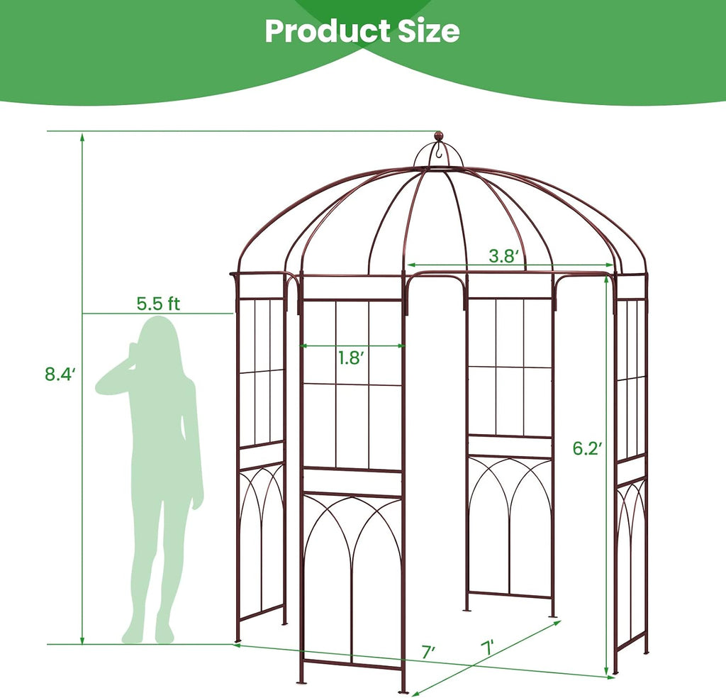 Giantex Birdcage Shape Garden Arbor, 8.4ft High x 7ft Wide, Metal Gazebo Arch Pergola Pavilion for Climbing Plants Party Wedding Ceremony Decor Outdoor, 16 Ground Stakes, Easy Assembly (Bronze)
