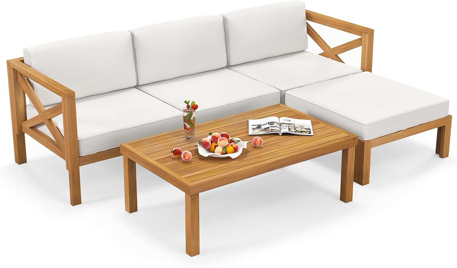 Tangkula 5 Piece Outdoor Conversation Furniture Set, Acacia Wood Sectional Sofa Set with 3 Chairs, 1 Ottoman & 1 Coffee Table, Patio Cushioned Sofa Set for Porch, Yard, Poolside (Off White)