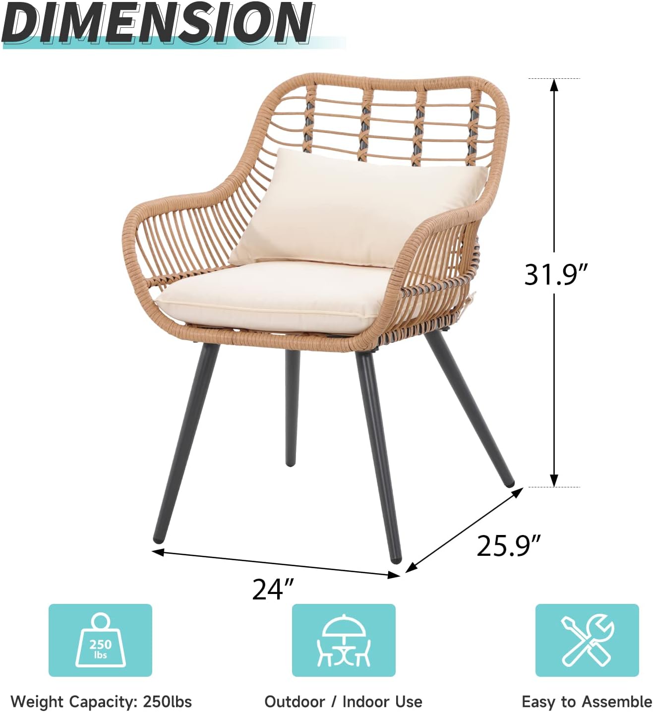 Verano Garden Set of 2 Patio Dining Chairs, Outdoor Wicker Seating Set with Soft Cushion for Indoor & Outdoor Use, Modern Wicker Dining Chairs for Backyard