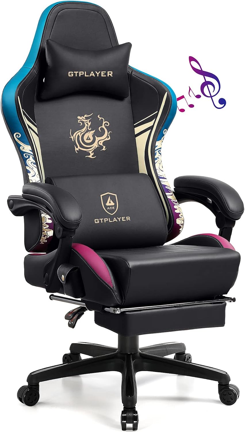 GTPLAYER Gaming Chair with Bluetooth Speakers and Footrest, Dragon Series Video Game Chair, Heavy Duty Ergonomic Chair, Esports Gaming Chair, Computer Office Desk Chair(DEEP Black)