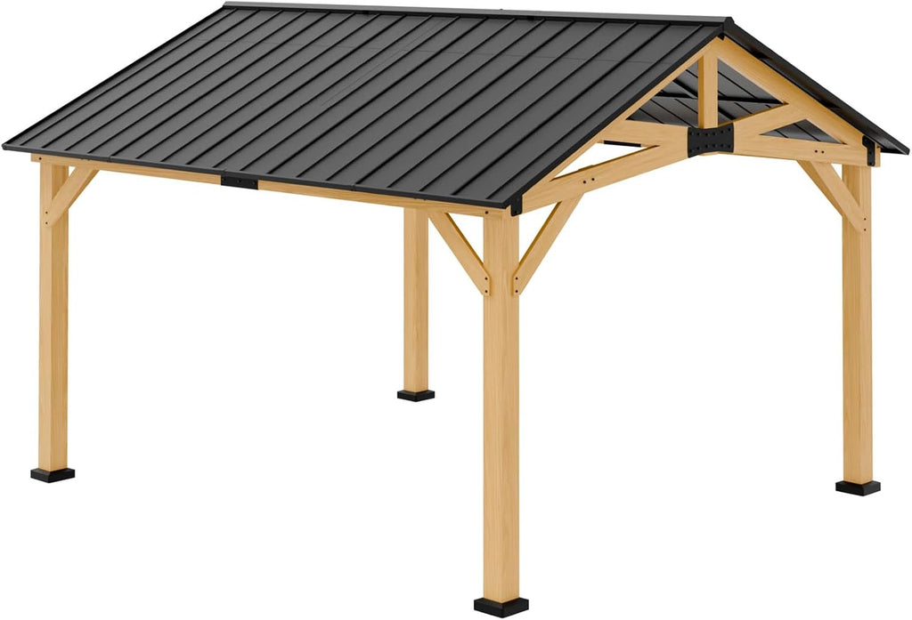 COOS BAY 11x13 Hardtop Gazebo with Cedar Wood Frame, Post-and-Beam Gazebo Shelter, Galvanized Steel Gable Roof with UV Protection for Garden, Patio, Poolside, Backyard, Natural Wood/Black