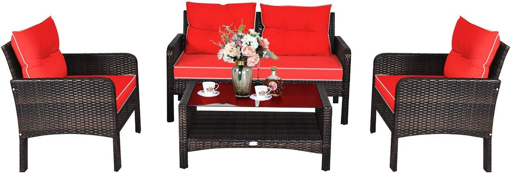 COSTWAY 4-Piece Patio Furniture Set, Sectional Wicker Rattan Sofa Chair with Cushion, Loveseat, Coffee Table with Tempered Glass and Shelf, Outdoor Conversation Sets for Poolside Porch (Red)
