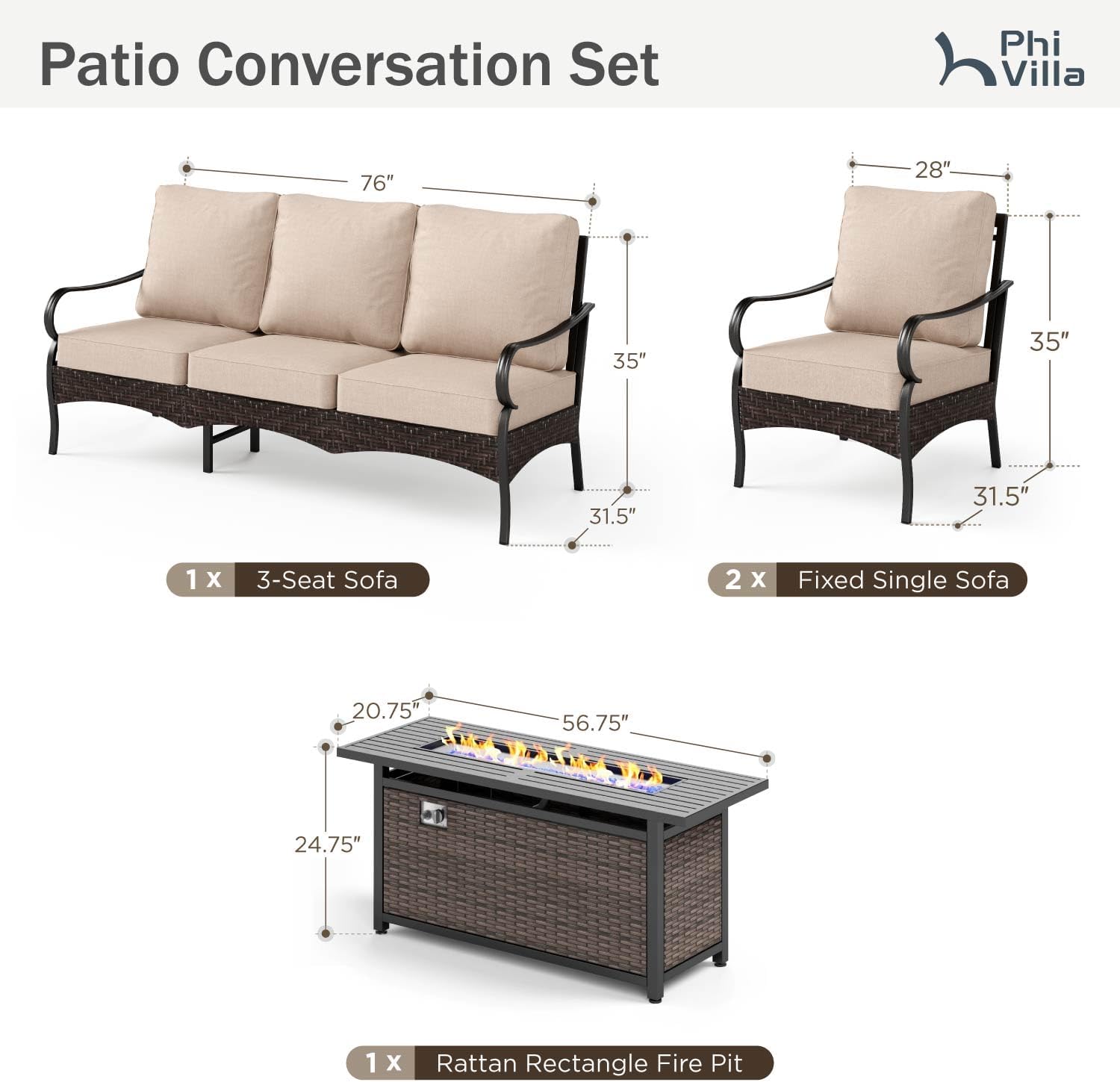 Patio Furniture Set with 56' Fire Pit Table, Premium Outdoor Wicker Metal Frame Furniture with Upgraded Waterproof Thick Cushions for Porch, Poolside, Deck, and Yard （4 Pieces,Beige）