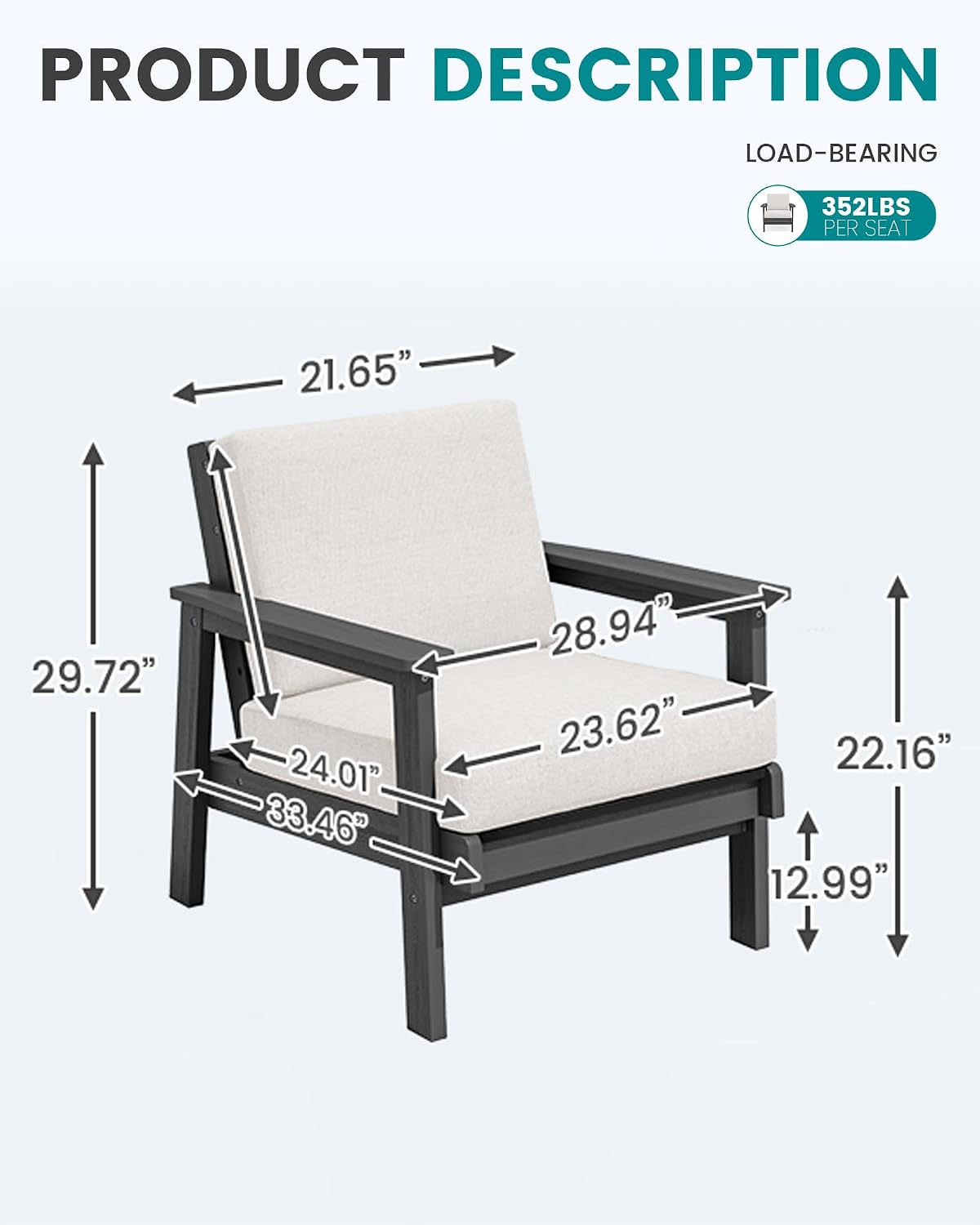 SERWALL HDPE Outdoor Couch Set of 2, All-Weather Wood-Like Patio Furniture Set, Outdoor Sofa Chairs with Khaki Cushions