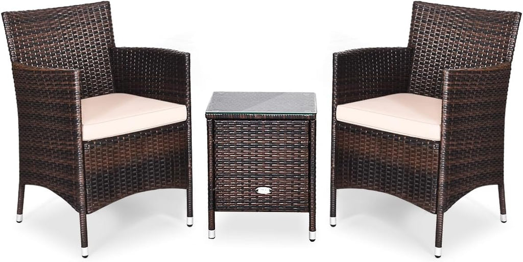 DORTALA Wicker Patio Furniture Set 3 Piece, Small Outdoor Table & Chairs Set with Cushions, All-Weather Rattan Conversation Bistro Set for Balcony, Porch, Backyard, Deck, Beige