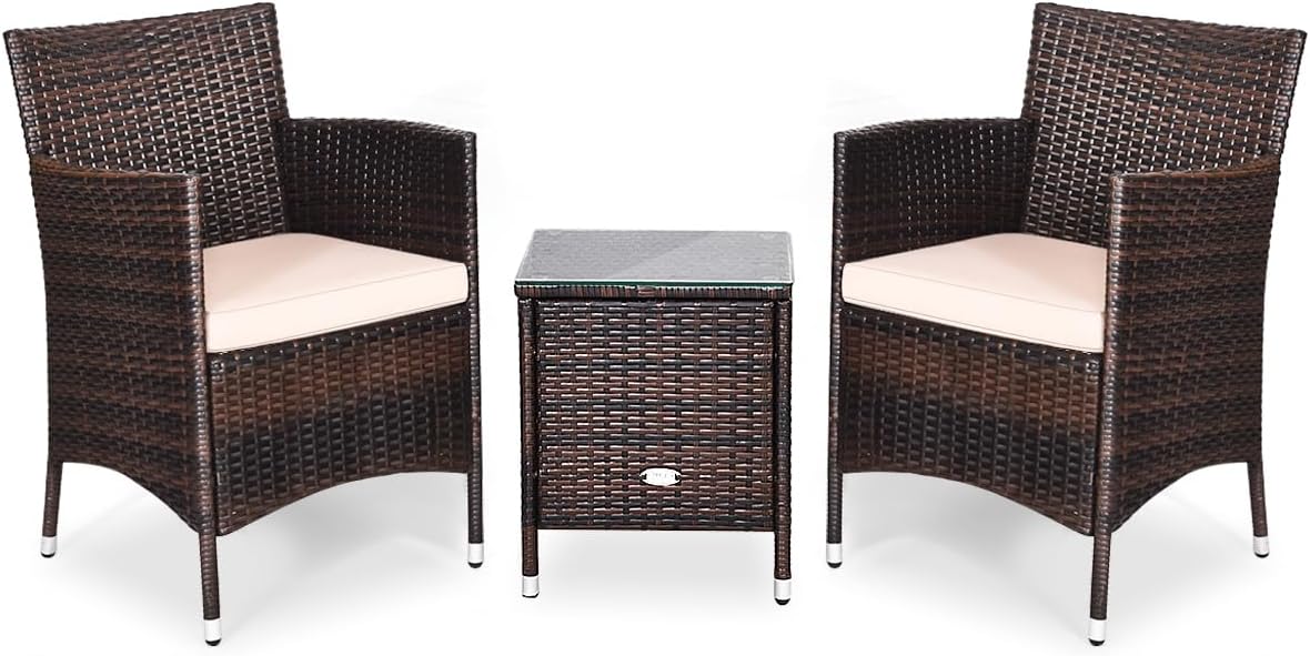 DORTALA Wicker Patio Furniture Set 3 Piece, Small Outdoor Table & Chairs Set with Cushions, All-Weather Rattan Conversation Bistro Set for Balcony, Porch, Backyard, Deck, Beige