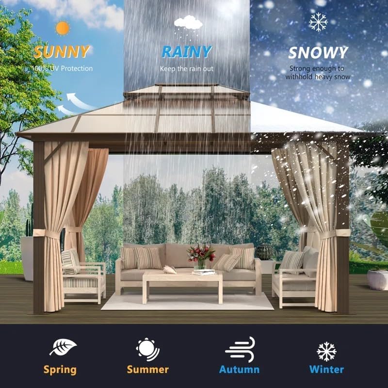 Hardtop Gazebo, 10FTx12FT Polycarbonate Double Top Canopy, Aluminum Frame Permanent Pavilion with Curtains and Netting, for Lawns, Patios, Gardens