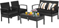 Tangkula 4 Pieces Wicker Patio Conversation Furniture Set, Outdoor Rattan Chair and Table Set, Patio Furniture Sets with Coffee Table & Washable Cushions for Courtyard Balcony Garden